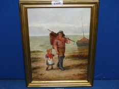 A 19th c Oil on board by Hamilton Macullum RSA of a fisherman with a young girl,