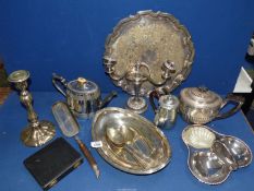 A box of Epns items including teapots, serving tray, crumb tray, candlesticks, etc.