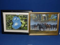 A framed Oil on board depicting a herd of Horses,