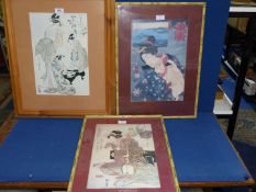 Three framed Japanese Prints including a pair in bamboo style frames.