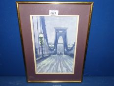 A framed and mounted Watercolour of figures, horse and carriage crossing a bridge at night,