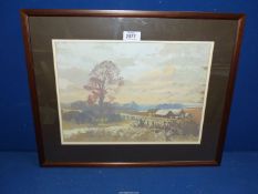 A framed and mounted Acrylic painting of a country landscape with barns and trees,