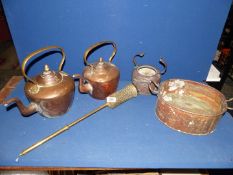 Three copper kettles plus cookware and brass covered brush.
