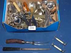 A box of mixed Epns cutlery, spoons, forks, teaspoons, horn handled carving set, butter knives, etc.