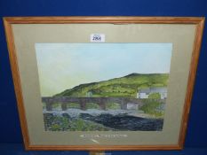 A framed and mounted Watercolour titled 'Crickhowell Bridge - A June Evening', signed lower right P.