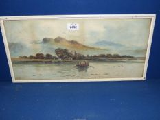 A framed Watercolour depicting a River landscape with men in a rowing boat,