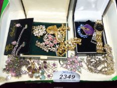 A small quantity of jewellery including brooches, Accurist watch, white stone/glass necklaces etc.