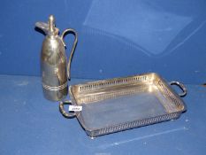 A plated rectangular Tray with a tall stoppered white metal Jug.