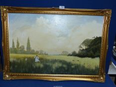 A framed Oil on canvas depicting a young Lady with a net catching butterflies in a field with sheep,