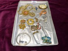 A quantity of jewellery including brooches (approx. 15), two necklaces, locket etc., a/f.