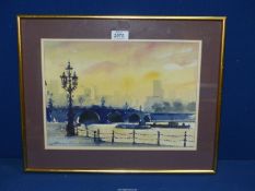 A framed and mounted Watercolour of a city river landscape (Thames) 'Boats on the River',