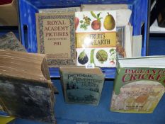 A crate of books including Royal Academy Pictures, Pictorial Adventure and Travel,