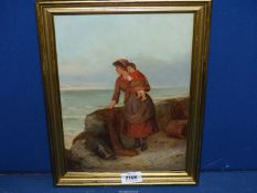 A 19th c Oil on board by Hamilton Macullum RSA of a woman holding a young girl, gallery label verso.