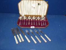 A cased Viners dessert fork and spoon set, together with four pairs of fish knives and forks.