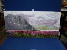 An unframed Oil on canvas depicting a contemporary mountain landscape,