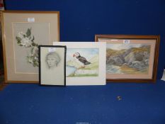 A quantity of pictures to include an unsigned Coastal watercolour, Puffin on a cliff,