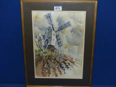 A framed and mounted Ink and Watercolour wash of a windmill by a ploughed field,