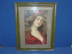 A framed and mounted Anglo Asti portrait of Woman in a red dress, 18 3/4" x 23 3/4".