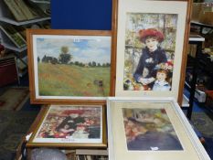 Four framed Prints to include 'On the Terrace' after Renoir, 'Poppy fields' after Monet, etc.