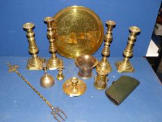 A brass tray, two pairs of candlesticks, toasting fork, etc.
