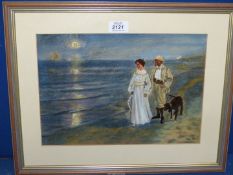 A framed and mounted Oil painting depicting a Couple and their dog strolling along the beach as the
