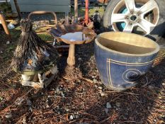 A small metal bird bath, glazed garden pot, a/f and a wooden bird house, a/f.
