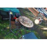 A mosaic tile topped patio table, 23 1/2'' wide x 27'' high and two chairs.