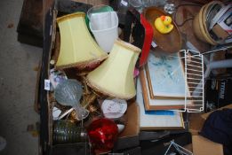 Two boxes of miscellaneous glass, china, prints and table lamps.
