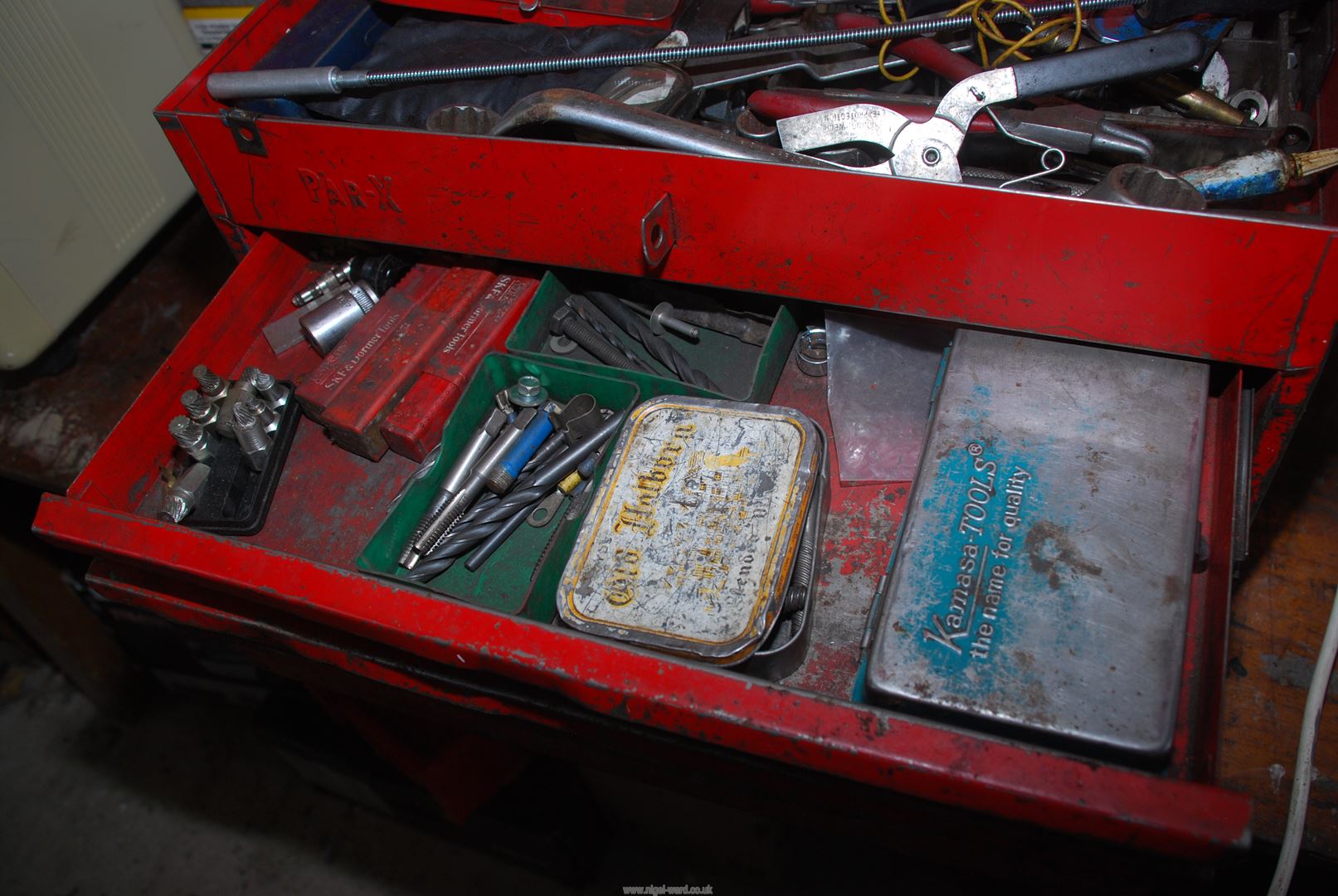 A red Par-X toolbox with three drawers and lift-up lid top compartment, - Image 5 of 5