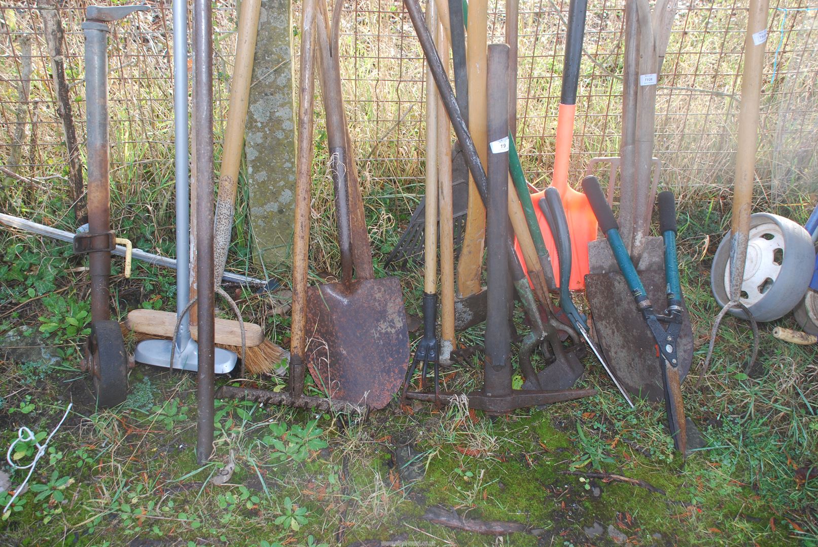 A quantity of garden tools including pikes, shears, rake, etc. and a trailer jockey wheel. - Image 2 of 2