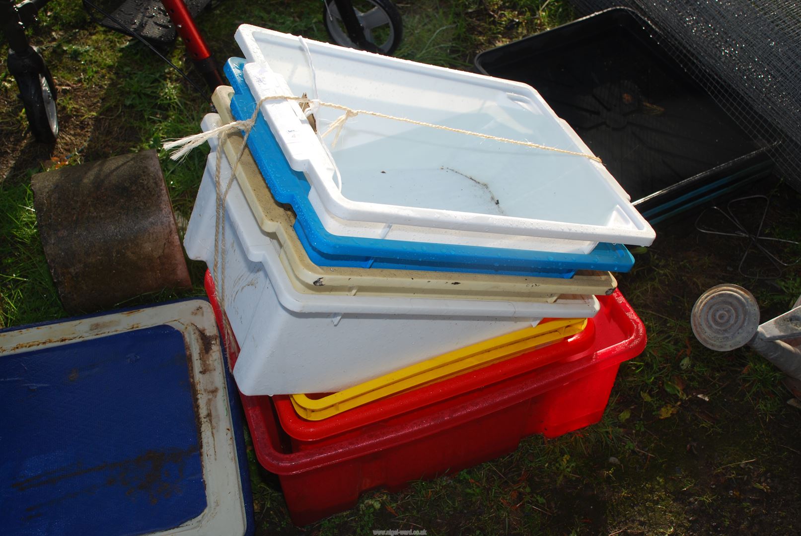 A quantity of plastic storage boxes.