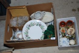 A box of mixed china, Goebel figure, Royal Worcester cake plate etc.
