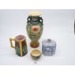 A Norfolk Holkham pottery bowl, Majolica jug, hand painted vase, etc.