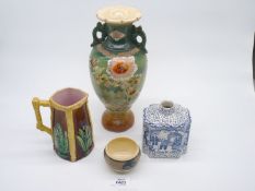 A Norfolk Holkham pottery bowl, Majolica jug, hand painted vase, etc.