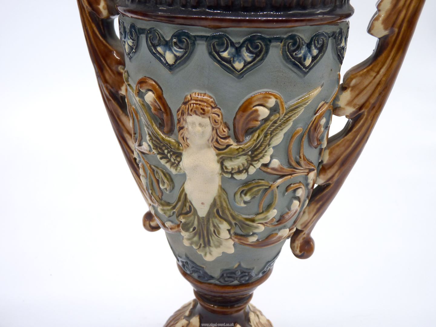 A pair of Majolica vases, (one with damage to base), 16" tall, - Image 2 of 4