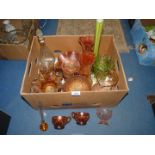 A good quantity of Carnival glass, pressed glass vases, bowls etc.
