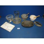 A small quantity of miscellanea to include; two glass jelly moulds, pestle & mortar,