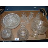 A quantity of glass including cut glass footed bowl, biscuit barrel, onion shape shade,