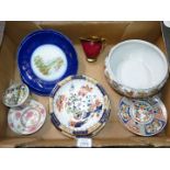 A Burslem Losolware strainer dish and stand, Spode 'Shanghai' plate, three wall plates, etc.