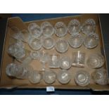 A box of mixed cut glass including two carafe/pitchers and tumbler glass, brandy balloons,