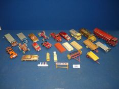 A box of play worn Dinky cars, lorries, etc plus several early Matchbox toys (many A/F).
