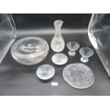 A quantity of glass including Holme Gaard Swedish bowl, heavy studio candle holders, carafe etc.
