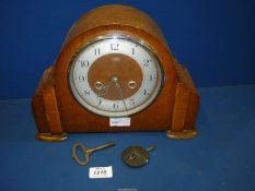 A Smiths Enfield wooden Mantle Clock with key and pendulum, 12 1/2'' wide x 9'' high.