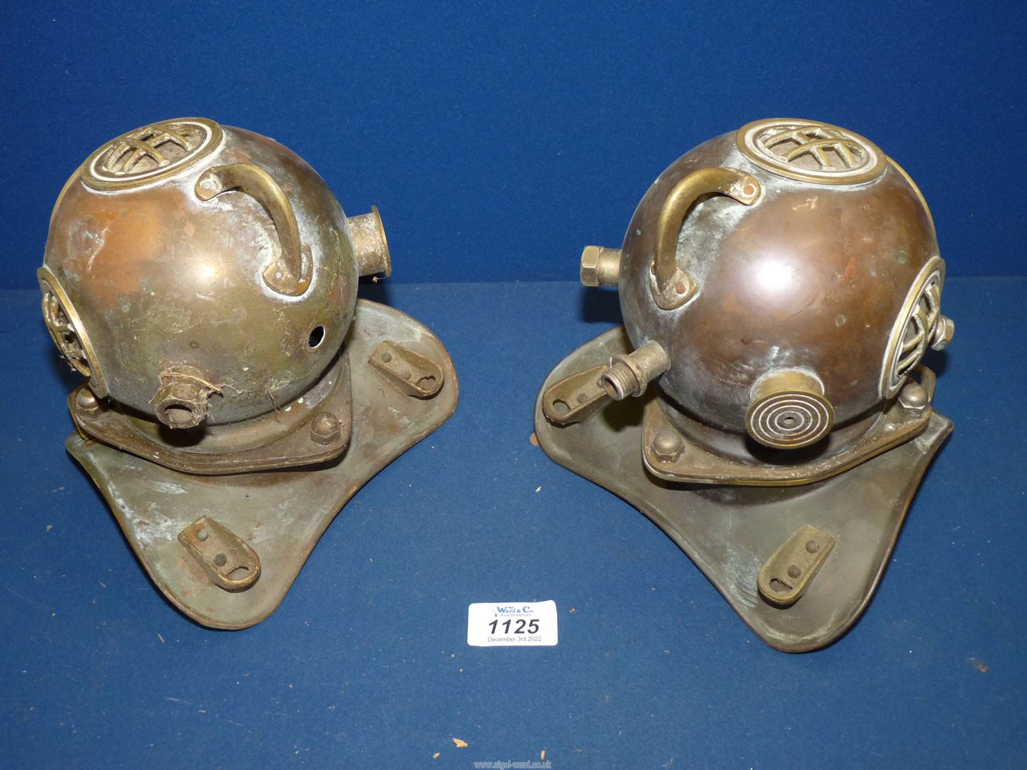 A pair of small nautical Copper and brass Diving Helmets, 7'' wide x 7 1/2'' approx. - Image 2 of 2