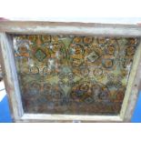 A reclaimed Victorian window, painted all over with patterns in various colours, 22" x 18".
