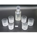 A Royal Doulton cut glass decanter and five matching tumblers, plus another tumbler.