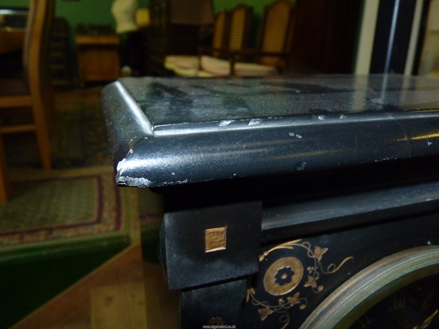 A French black marble Mantle Clock with malachite inlay, - Image 7 of 13