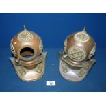 A pair of small nautical Copper and brass Diving Helmets, 7'' wide x 7 1/2'' approx.