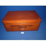 A WWI wooden military Telegraph Equipment unit 'B' Box, 18'' wide x 11'' deep x 8'' high, with key.