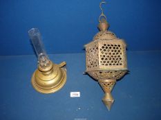 A brass Lantern and small brass chamber oil lamp.